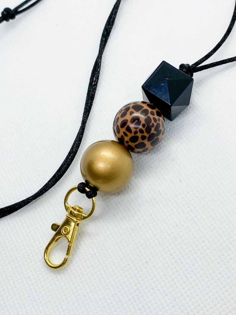/& Gold Bubblegum Bead Adjustable Lanyard Leopard Black