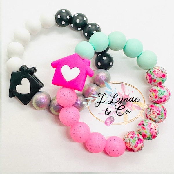 Adult Silicone Beaded Bracelet - 20cm, House with Heart Silicone Focal, Pink & Mint, Black/White. Choose from dropdown clasp/tassel.