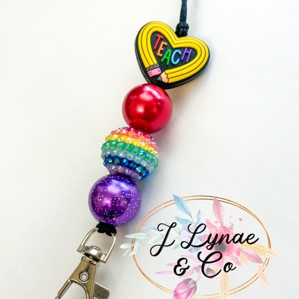 Adjustable Bubblegum Beaded Lanyard Keychain- Lanyard, Teacher, Bus Driver, Silicone Pencil Rainbow Teach Focal, heart, rainbow bead