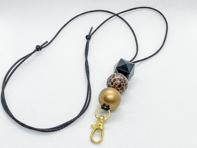 /& Gold Bubblegum Bead Adjustable Lanyard Leopard Black