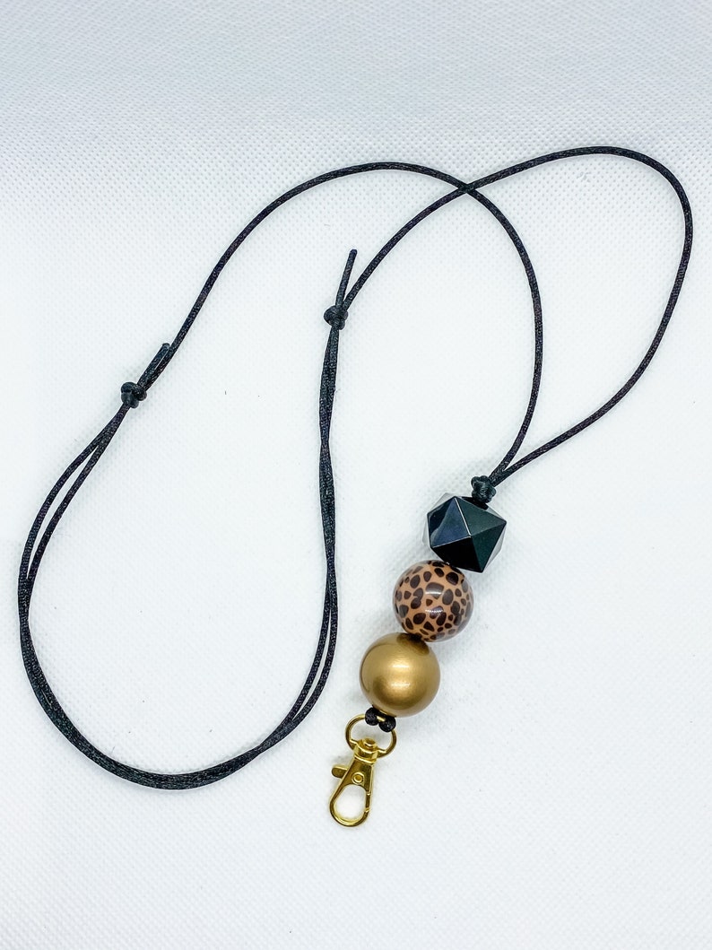 /& Gold Bubblegum Bead Adjustable Lanyard Leopard Black