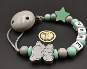 Schnullerkette mit Namen /Stern--Elefant/Mint--Grau