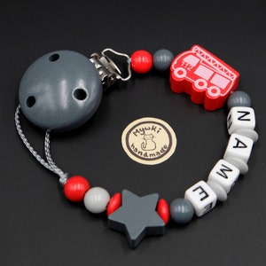 Pacifier chain with name fire engine - star / red - gray