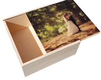 Wedding Photo Box - Rustic Wedding Box - Keepsake Box - Printed Slide Lid Wood Container
