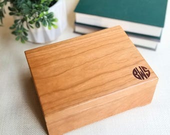 Handmade Wooden Keepsake Box, Personalized Gift for Him with Monogram, Engraved Initials, Solid Wood Valet Tray with Lid, Accessory Storage