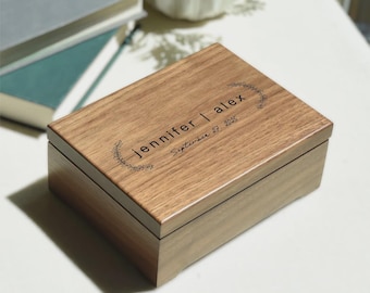 Personalized walnut keepsake box for couple, engraved wedding gift with names and date, solid wood memory box for anniversary or engagement