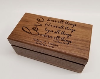 Personalized Walnut Wedding Ring Box, Double Ring Holder with Engraved Names & Date, 1 Corinthians 13:7 Verse, Custom Wooden Keepsake Box