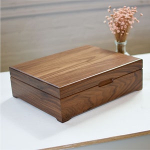 Extra large wooden keepsake box in walnut wood.  Shown closed, 10.5 x 13" outside dimension.  Makes a great gift from High Point Gifts.