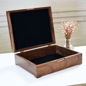 Extra large wooden keepsake box in walnut wood.  Shown with lid open, 10.5 x 13" outside dimension.  Makes a great gift from High Point Gifts.