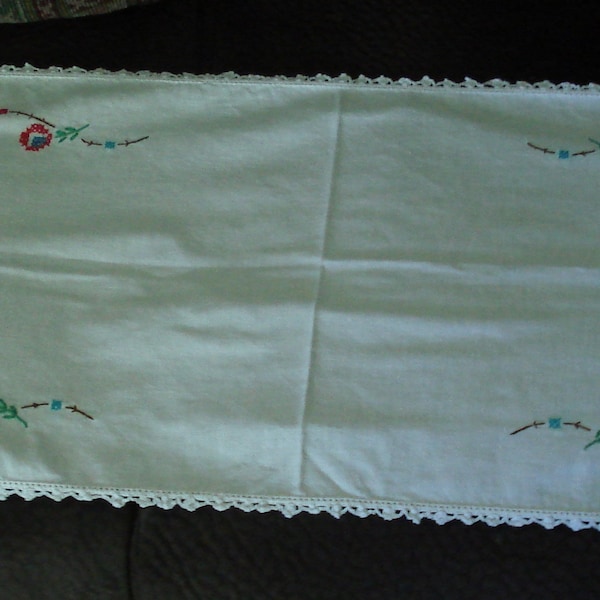 Vintage Dresser Scarf with Cross Stitch Blue Birds