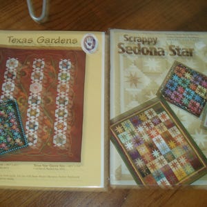 May include: Two quilting pattern designs, "Texas Gardens" and "Scrappy Sedona Star". Both patterns feature a colorful quilt block design with instructions for making the quilt.