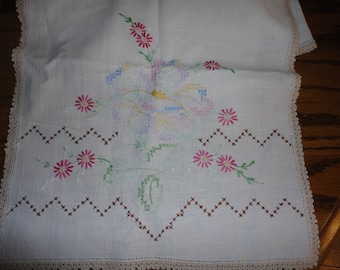 Vintage Dresser Scarf with cross stitch flowers