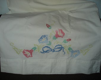 Vintage Pillow Case with Cross Stitch Flowers
