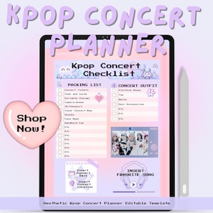 以下が含まれることがあります： Kpopコンサートの計画のためのデジタルプランナーテンプレート。テンプレートはピンクとパープルのカラーテーマで、パッキングリスト、コンサートの服装、コンサートの日付、お気に入りの曲のセクションがあります。テキスト「Shop Now!」はピクセルフォントです。