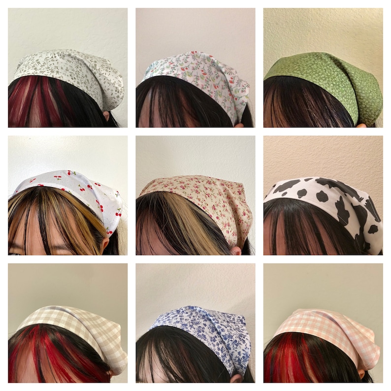 Pu&ograve; includere: Nove diverse fasce per capelli con motivi diversi indossate da persone diverse. Le fasce sono in tessuto e hanno vari motivi, tra cui floreali, a pois e a scacchi.