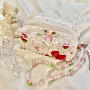 Coquette Strawberry and Floral Zipper Bag/Pouch with Rose Detailing