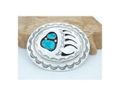 Native American Navajo Bear Paw Belt Buckle Sterling Silver Turquoise Signed