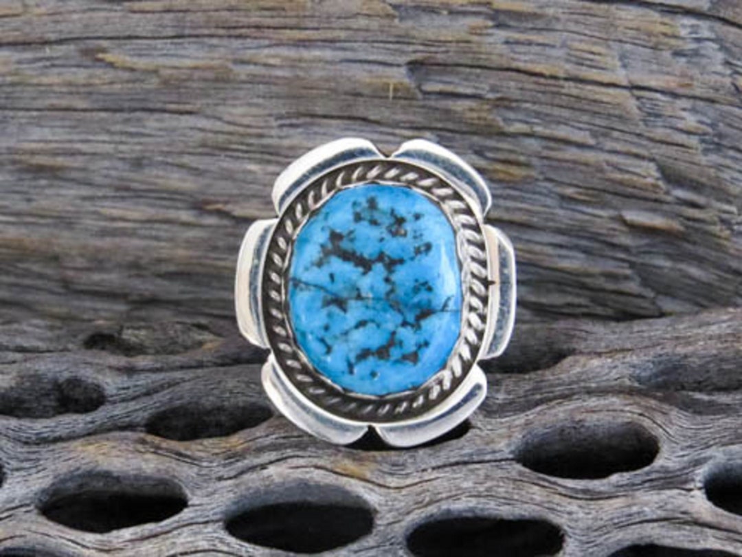 Bague Amérindienne Navajo Ancienne En Argent Sterling Et Turquoise - Taille 68