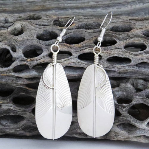 Feather Earrings, Native American Navajo Sterling order Silver Long Dangle Earrings, Southwestern Jewelry