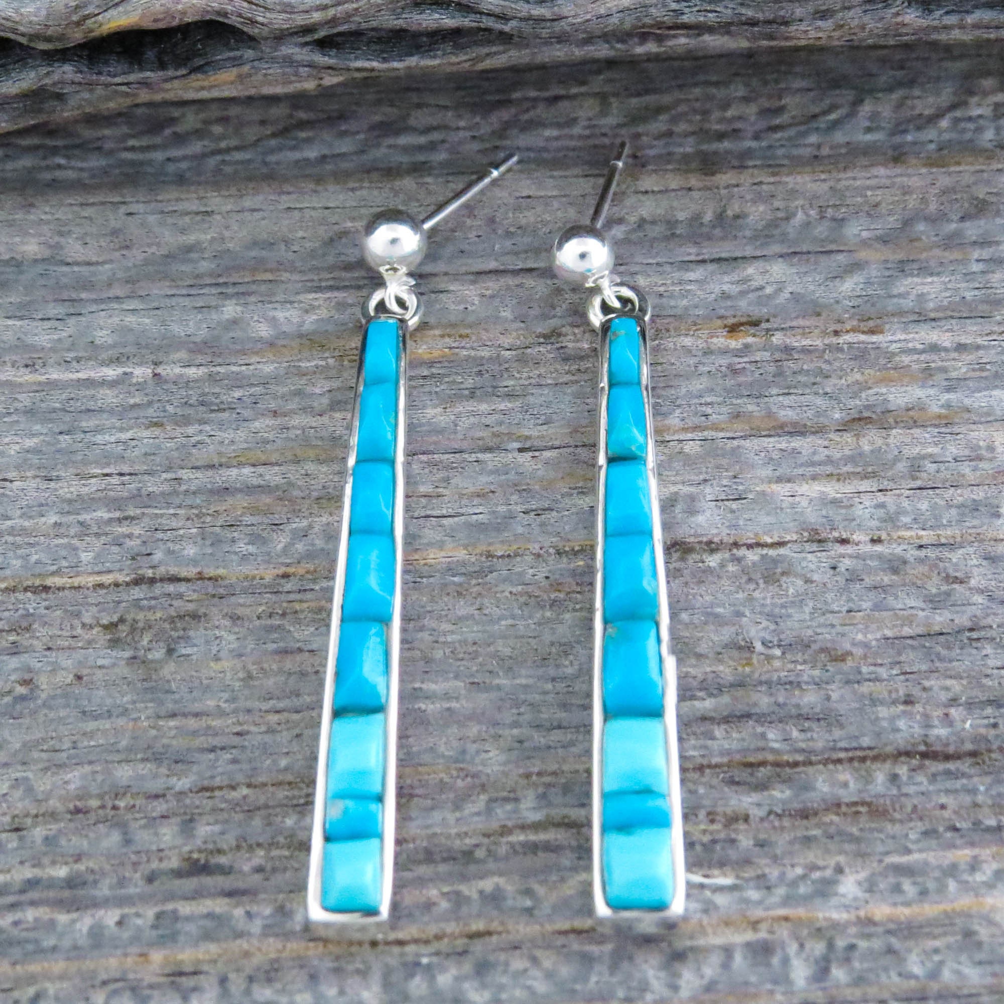 Long Turquoise Sterling Silver Dangle Post Earrings Native | Etsy