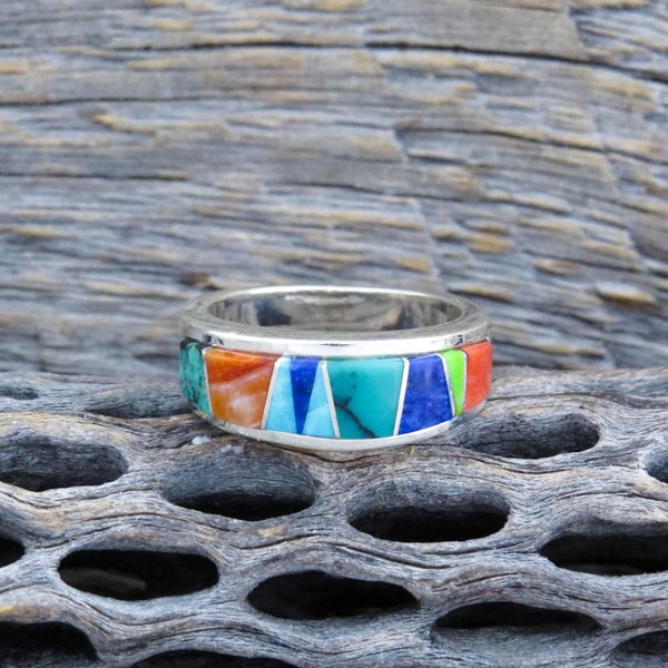 Native American Navajo Turquoise Lapis Multi Gemstone Sterling Silver Channel Inlay Ring Band Size 8 3/4, Unisex Ring
