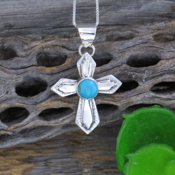 Native American Navajo Turquoise Sterling Silver Cross Pendant Necklace 18" ON SALE