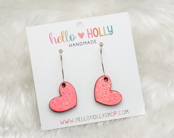 Pink Heart Earrings, Hoop Earrings, Dangle Earrings, Wood Earrings, Valentines Day Gift for Her,