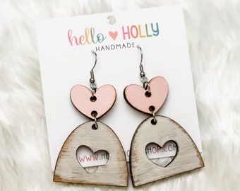 Pink Heart Earrings, Wood Earrings, Arch Earrings, Valentines Day Gift for Her, Earrings for Women,