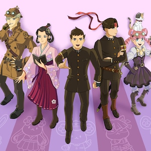 Könnte beinhalten: Illustration von fünf Charakteren im Anime-Stil in verschiedenen Kostümen. Die Charaktere stehen auf einem lila Hintergrund mit Hasen- und Katzensilhouetten. Die Charaktere sind in Steampunk-, japanischen und Detektiv-Outfits gekleidet.