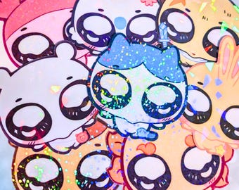May include: A set of seven colorful cartoon animal stickers with glitter accents. Each sticker features large eyes and a whimsical expression. The stickers are perfect for adding a touch of fun to laptops, water bottles, journals, and more.