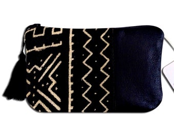 Color Block Mud Cloth & Leather Zipper Pouch | African Clutch Bags | Vegan Bags | Phone Case | Gadget Bag | Gift for Her