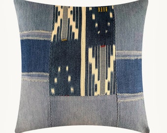 Upcycled Denim Baule Patchwork Throw Pillow Cover | Denim Pillows African Cushions | Global Style Home Décor