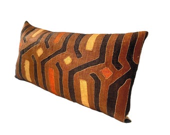 New Arrival: Vintage African Kuba Cloth Wide Lumbar Pillow Cover | Tribal Cushion | Afro-Bohemian Pillow | Global Style Home Décor | Nannatu