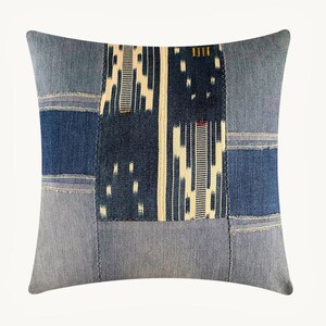 Upcycled Denim Baule Patchwork Throw Pillow Cover | Denim Pillows African Cushions | Global Style Home Décor