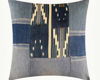 Upcycled Denim Baule Patchwork Throw Pillow Cover | Denim Pillows African Cushions | Global Style Home Décor