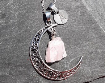 Amethyst Stone Crescent Moon Pendant Necklace Jewelry Sterling Silver 925 Chain | Personalized Charm Initial Letter, Gift for Daughter