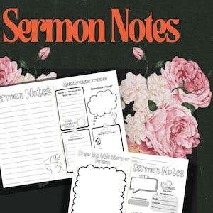 May include: Printable sermon notes template with a black and white design. The template includes sections for the title, key bible verse, book, chapter, who preached, questions, things to pray about, and a space to draw the bible story or person.