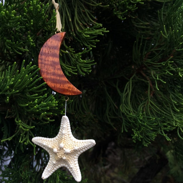 Handcrafted Hawaiian Koa Wood Moon and Star Christmas Ornament Made In Hawaii