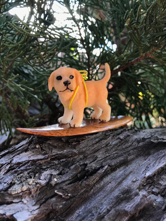 Handcrafted Hawaiian Koa Wood Surfboard Dog Figurine