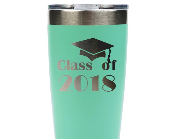 Graduation Stainless Steel 20 ounce Tumbler with a Clear Lid Custom Engraved including Choices of Color and Spill Proof Slide Lid