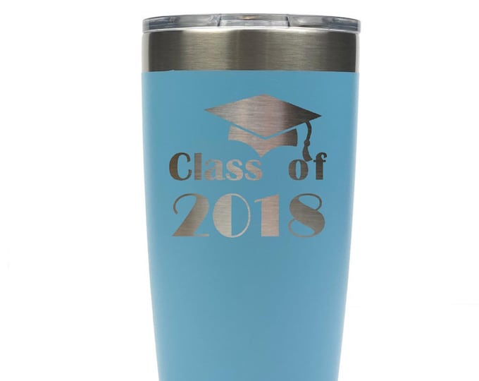 Graduation Stainless Steel 20 ounce Tumbler with a Clear Lid Custom Engraved including Choices of Color and Spill Proof Slide Lid