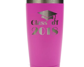 Graduation Stainless Steel 20 ounce Tumbler with a Clear Lid Custom Engraved including Choices of Color and Spill Proof Slide Lid