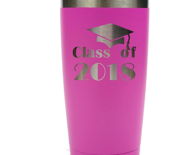 Graduation Stainless Steel 20 ounce Tumbler with a Clear Lid Custom Engraved including Choices of Color and Spill Proof Slide Lid