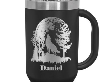 Wolf Scene with Name 40 ounce Cup made of Stainless Steel with a Snap Lid and Straw Laser Engraved Choice of Color and Name