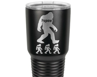 Big Foot Papaw Tumbler made of Stainless Steel with a Clear Lid Laser Engraved including Choices of 12, 20, 30 oz, 20 oz Pilsner and Color