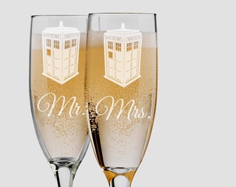 Dr. Who Inspired Police Box Tardis Bride and Groom Champagne Flutes - 6 ounce - Engraved Set of 2 Toasting Glasses - Choices of Name & Date