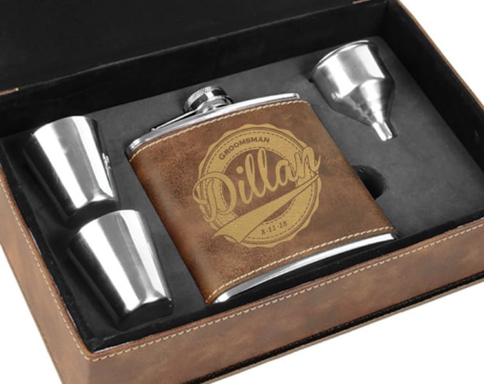 Groomsmen Gift - Rustic 6 ounce Stainless Steel Flask - Gift Box Custom Engraved - Choice of Design, Name, Title & Date