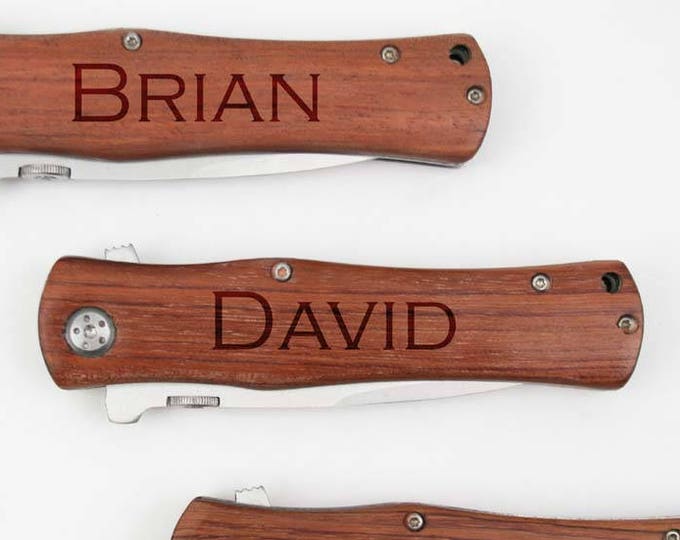 Personalized Pocket Knife with Wood Handle, Pocket Clip and Gift Box, Custom Laser Engraved including Choices of Font and Text