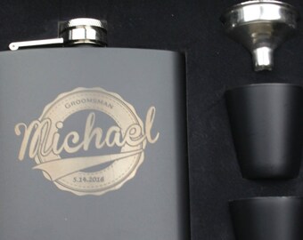 Personalized Black Stainless Steel Hip Flask, Custom Engraved Design with Gift Box - Monogrammed, Bridesmaid - ANY QUANTITY