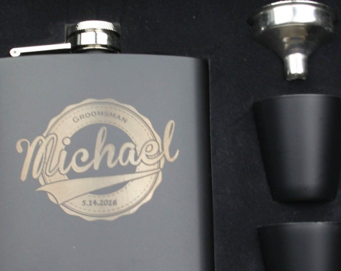 Personalized Black Stainless Steel Hip Flask, Custom Engraved Design with Gift Box - Monogrammed, Bridesmaid - ANY QUANTITY